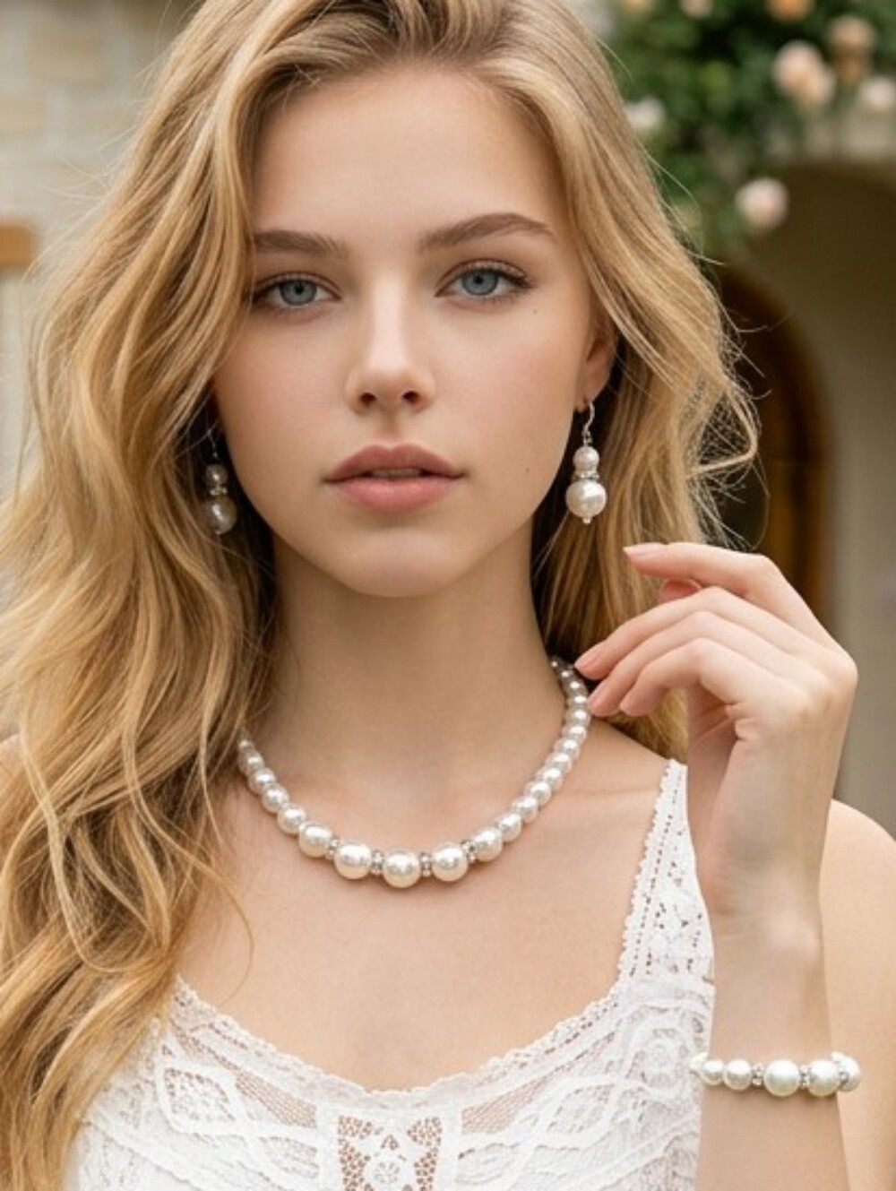 Pearl Bridal Jewelry Set Wedding Necklace Earrings Bracelet Prom Classic Glamour